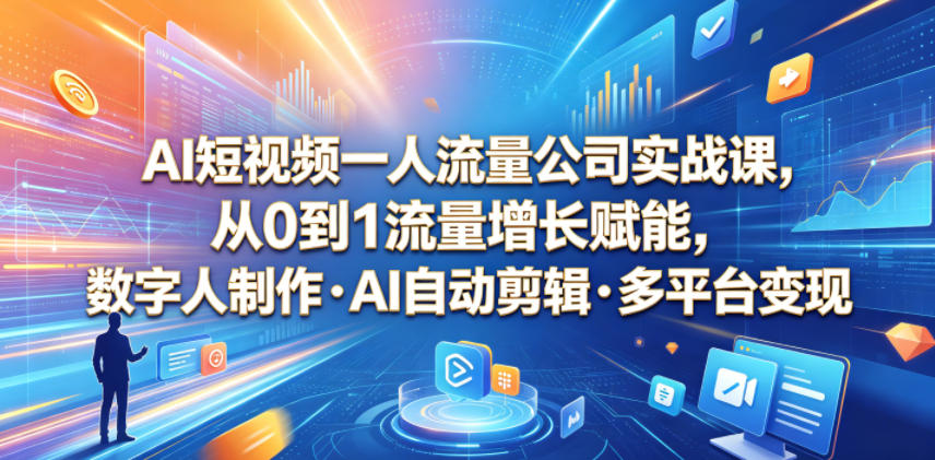 AI短视频一人流量公司实战课，从0到1流量增长赋能，数字人制作・AI自动剪辑・多平台变现，一人做流量生意全落地教程-副业资源站