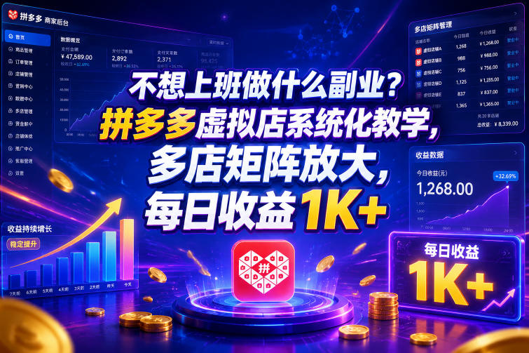 不想上班做什么副业？拼多多虚拟店系统化教学，多店矩阵放大，每日收益1K+【揭秘】-副业资源站