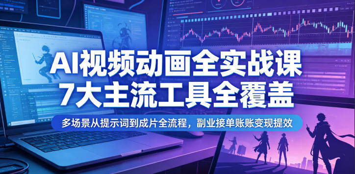 AI视频动画全实战课，7大主流工具全覆盖，多场景从提示词到成片全流程，副业接单账号变现提效-副业资源站