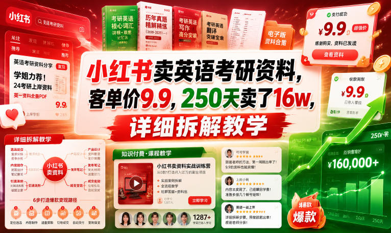 小红书卖英语考研资料，客单价9.9，250天卖了16w，详细拆解教学-副业资源站