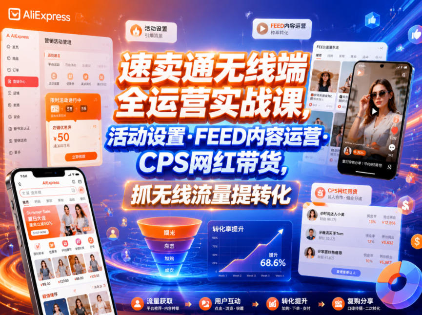 速卖通无线端全运营实战课，活动设置・FEED内容运营・CPS网红带货，抓无线流量提转化-副业资源站