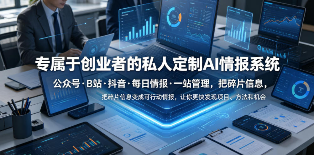 专属于创业者的私人定制AI情报系统，公众号·B站·抖音·每日情报·一站管理，把碎片信息变成可行动情报，让你更快发现项目、方法和机会-副业资源站