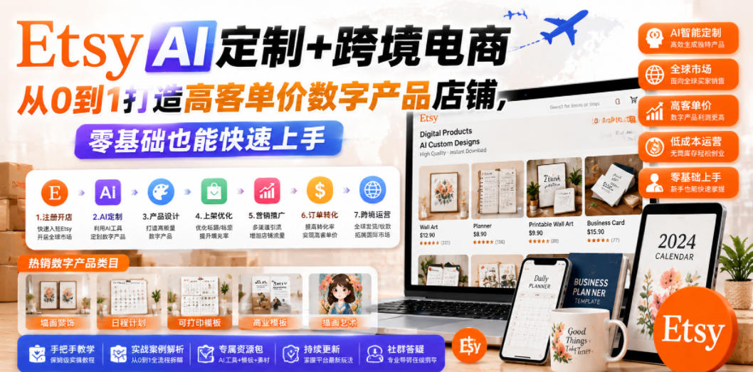 Etsy AI定制+跨境电商，从0到1打造高客单价数字产品店铺，零基础也能快速上手-副业资源站