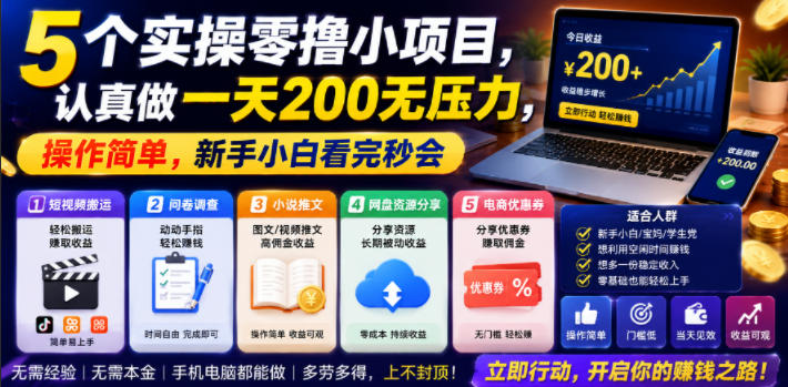 5个实操零撸小项目，认真做一天200无压力，操作简单，新手小白看完秒会【揭秘】-副业资源站