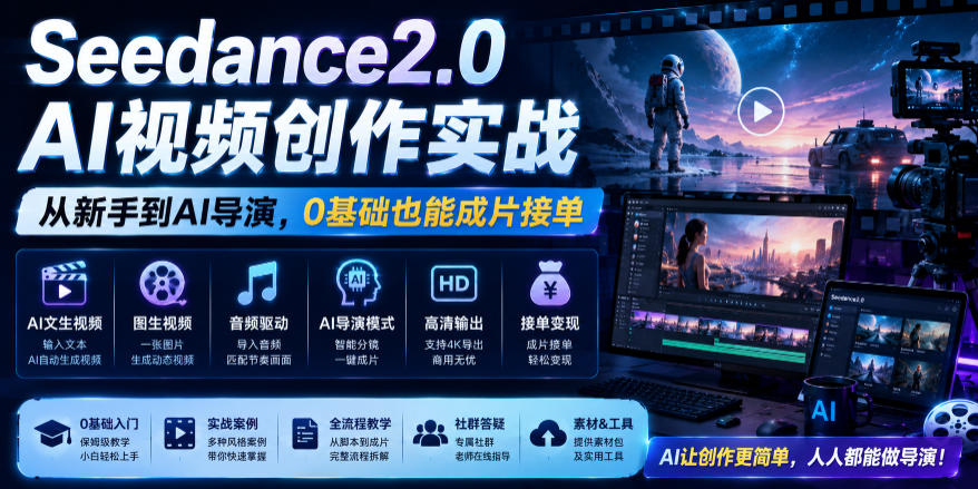 Seedance2.0 AI视频创作实战，从新手到AI导演，0基础也能成片接单变现-副业资源站