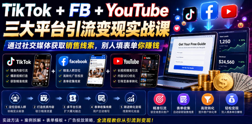 TikTok+FB+YouTube三大平台引流变现实战课，通过社交媒体获取销售线索，别人填表单你賺钱【原创双语字幕】-副业资源站