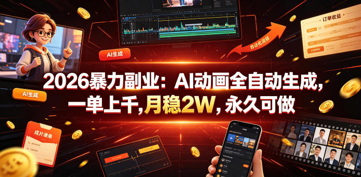 2026暴力副业：AI动画全自动生成，一单上千，月稳2W，永久可做【揭秘】-副业资源站