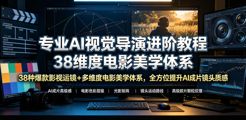 专业AI视觉导演进阶教程，38种爆款影视运镜+多维度电影美学体系，全方位提升AI成片高级感与镜头质感-副业资源站