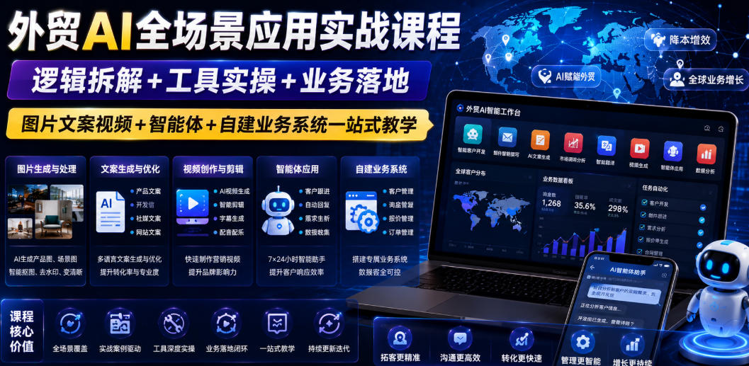 外贸AI全场景应用实战课程｜逻辑拆解+工具实操+业务落地，图片文案视频+智能体+自建业务系统一站式教学-副业资源站