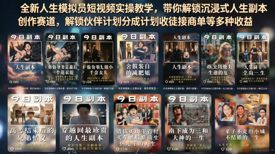 全新人生模拟员短视频实操教学，带你解锁沉浸式人生副本创作赛道，解锁伙伴计划分成计划收徒接商单等多种收益-副业资源站