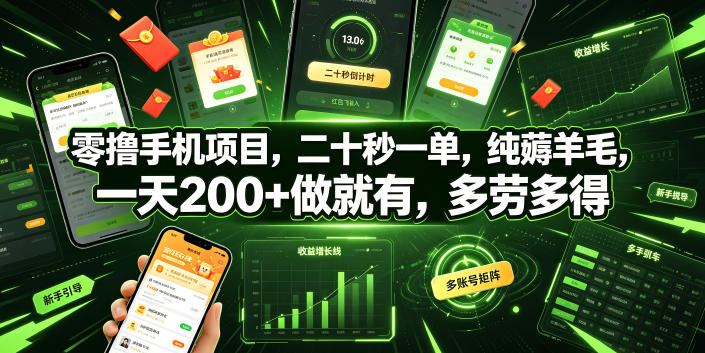 零撸手机项目，二十秒一单，纯薅羊毛，一天200+做就有，多劳多得【揭秘】-副业资源站