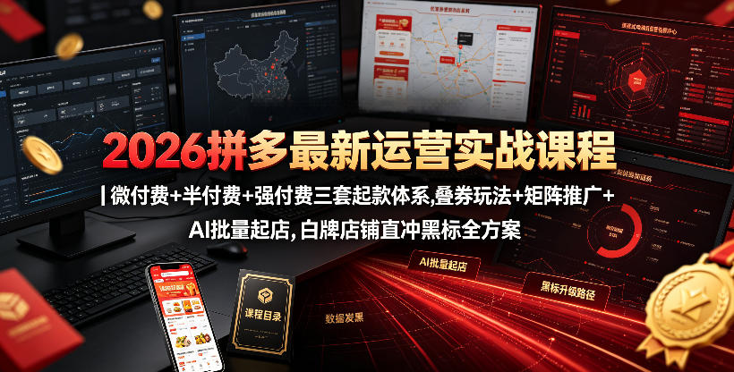 2026拼多多最新运营实战课程｜微付费+半付费+强付费三套起款体系，叠券玩法+矩阵推广+AI批量起店，白牌店铺直冲黑标全方案-副业资源站