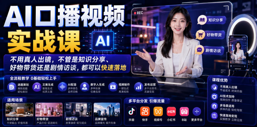 AI口播视频实战课，不用真人出镜，不管是知识分享、好物带货还是剧情访谈，都可以快速落地-副业资源站
