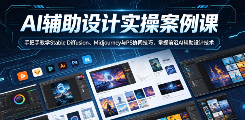 AI辅助设计实操案例课，手把手教学Stable Diffusion、Midjourney与PS协同技巧，掌握前沿AI辅助设计技术-副业资源站
