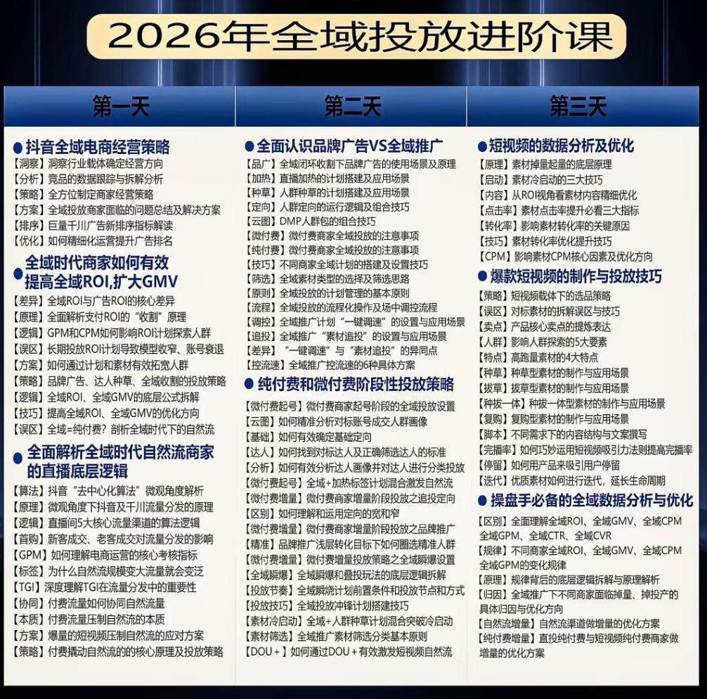 千川扫地僧2026抖音全域投放进阶课，少走弯路·快速起量·掌控增长，6月12-14号杭州线下课-副业资源站