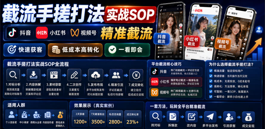 截流手搓打法实战SOP，抖音小红书视频号精准截流，快速获客，低成本高转化，一看即会-副业资源站