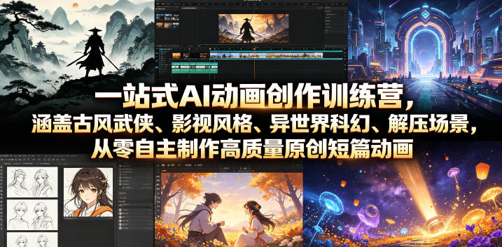 一站式AI动画创作训练营，涵盖古风武侠、影视风格、异世界科幻、解压场景，从零自主制作高质量原创短篇动画-副业资源站