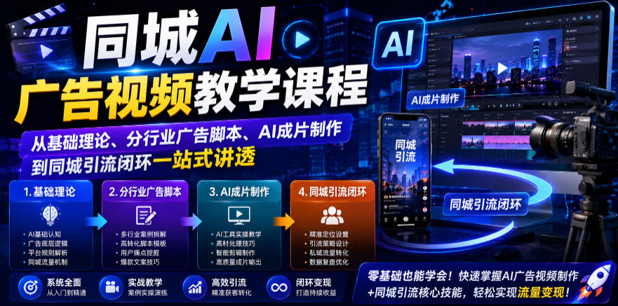 同城AI广告视频教学课程，从基础理论、分行业广告脚本、AI成片制作到同城引流闭环一站式讲透-副业资源站