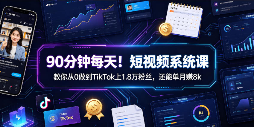 90分钟每天！短视频系统课教你从0做到TikTok上1.8万粉丝，还能单月賺8k【原创双语字幕】-副业资源站