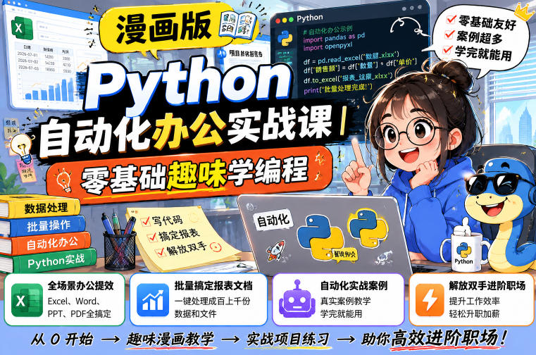 漫画版Python自动化办公实战课｜零基础趣味学编程，全场景办公提效、批量搞定报表文档、解放双手进阶职场-副业资源站