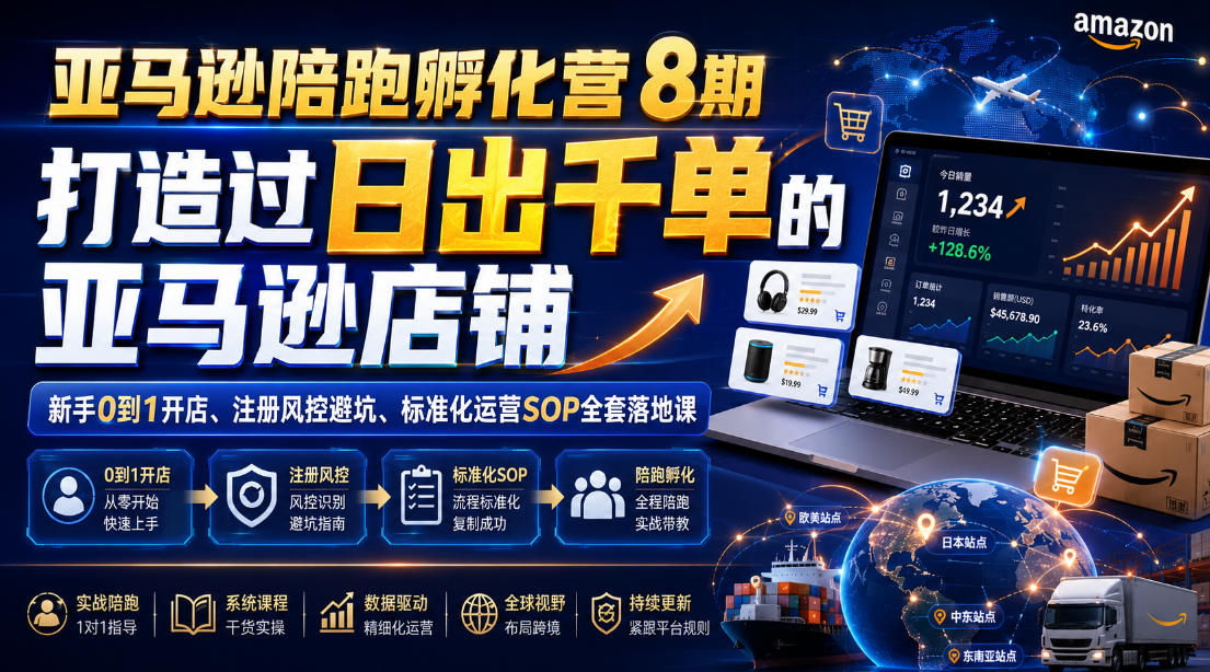 亚马逊陪跑孵化营8期，打造过日出千单的亚马逊店铺，新手0到1开店、注册风控避坑、标准化运营SOP全套落地课-副业资源站