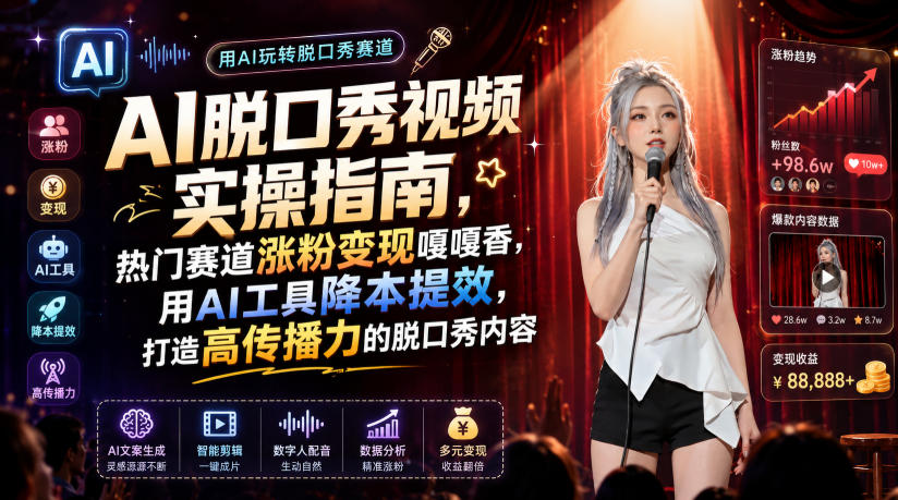 AI脱口秀视频实操指南，热门赛道涨粉变现嘎嘎香，用AI工具降本提效，打造高传播力的脱口秀内容-副业资源站