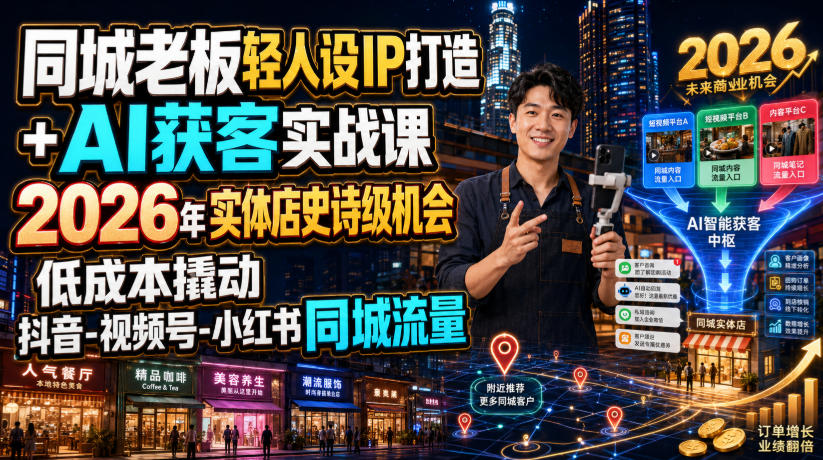 同城老板轻人设IP打造+AI获客实战课，2026年实体店史诗级机会，低成本撬动抖音-视频号-小红书同城流量-副业资源站