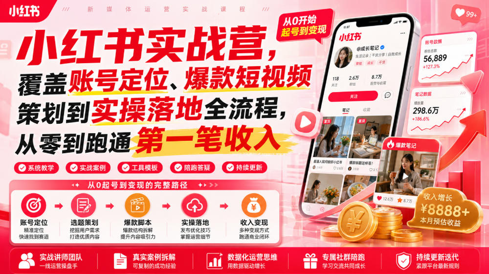 小红书实战营，覆盖账号定位、爆款短视频策划到实操落地全流程，从零到跑通第一笔收入-副业资源站