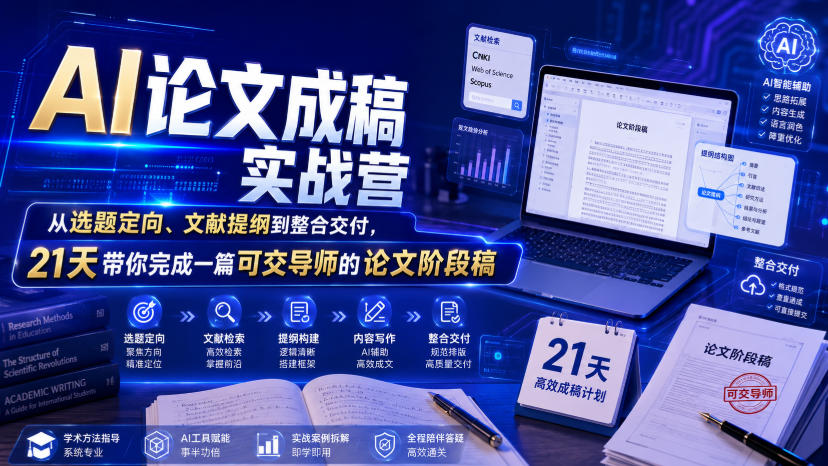 AI论文成稿实战营，从选题定向、文献提纲到整合交付，21天带你完成一篇可交导师的论文阶段稿-副业资源站