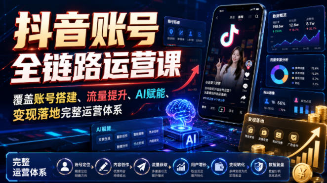 抖音账号全链路运营课，覆盖账号搭建、流量提升、AI赋能、变现落地完整运营体系-副业资源站