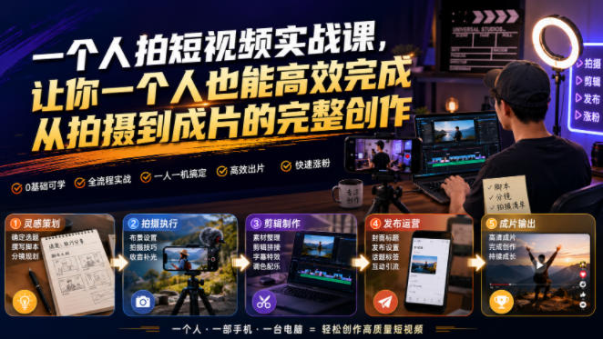 一个人拍短视频实战课，让你一个人也能高效完成从拍摄到成片的完整创作-副业资源站