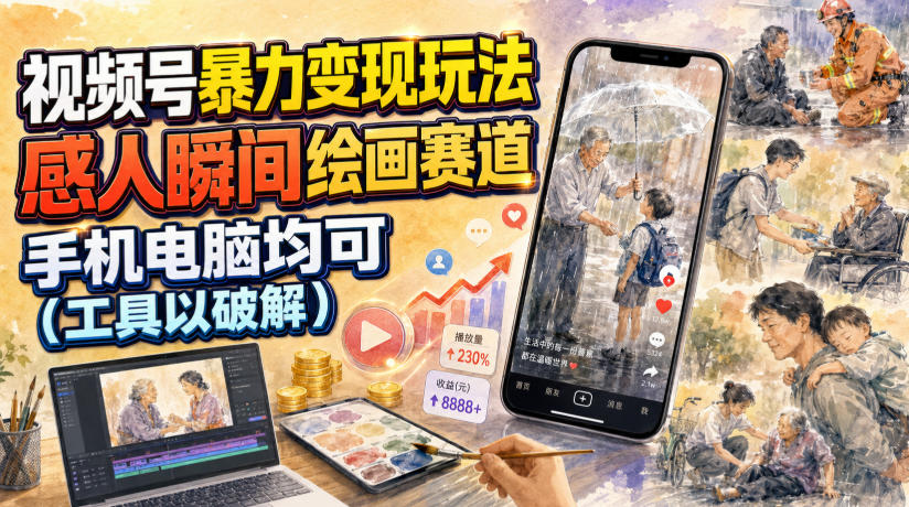 视频号暴力变现玩法，感人瞬间绘画赛道，手机电脑均可-副业资源站