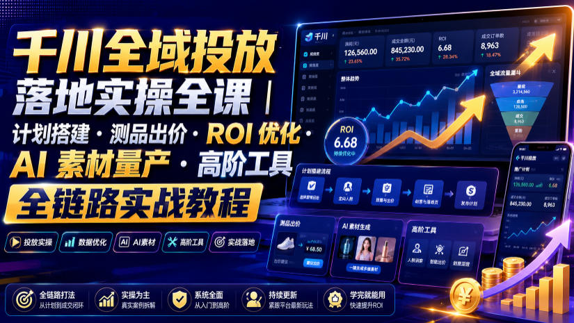 千川全域投放落地实操全课｜计划搭建・测品出价・ROI优化・AI素材量产・高阶工具全链路实战教程-副业资源站