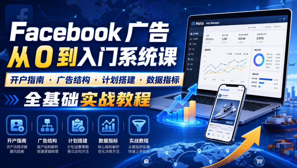 Facebook广告新手从0到入门系统课｜开户指南・广告结构・计划搭建・数据指标全基础实战教程-副业资源站