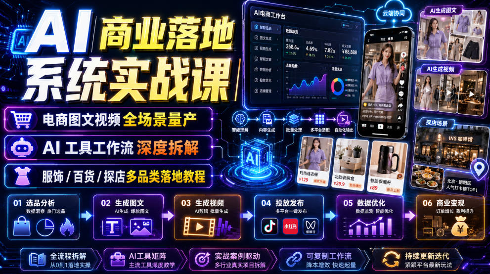 AI商业落地系统实战课｜电商图文视频全场景量产・AI工具工作流深度拆解・服饰/百货/探店多品类落地教程-副业资源站