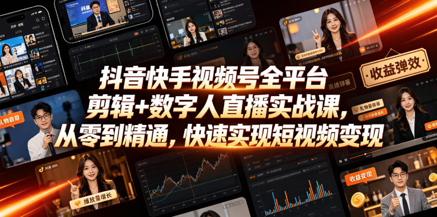 抖音快手视频号全平台剪辑+数字人直播实战课，从零到精通，快速实现短视频变现(更新2026年6月)​-副业资源站