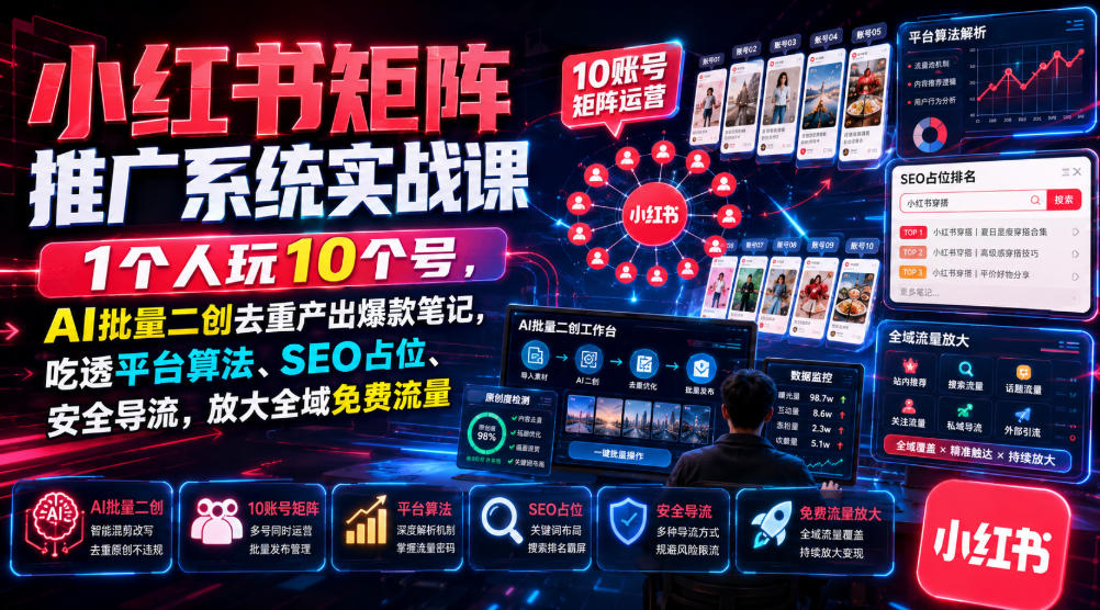 小红书矩阵推广系统实战课｜1个人玩10个号，AI批量二创去重产出爆款笔记，吃透平台算法、SEO占位、安全导流，放大全域免费流量-副业资源站