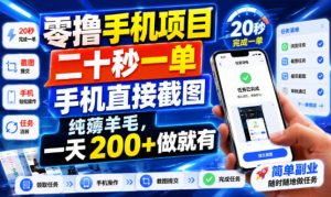零撸手机项目，二十秒一单，手机直接截图，纯薅羊毛，一天200+做就有【揭秘】-副业资源站