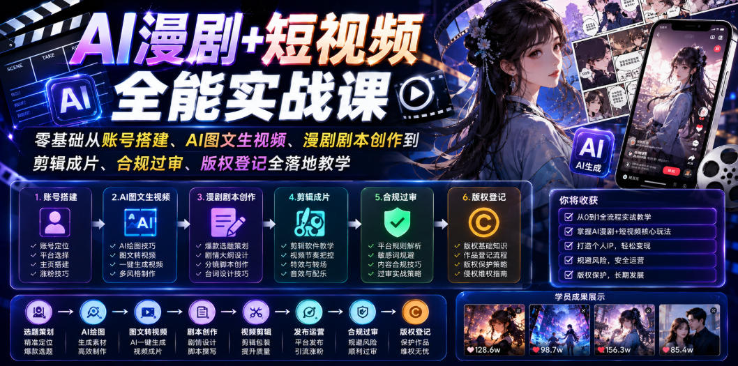 AI漫剧+短视频全能实战课｜零基础从账号搭建、AI图文生视频、漫剧剧本创作到剪辑成片、合规过审、版权登记全落地教学-副业资源站