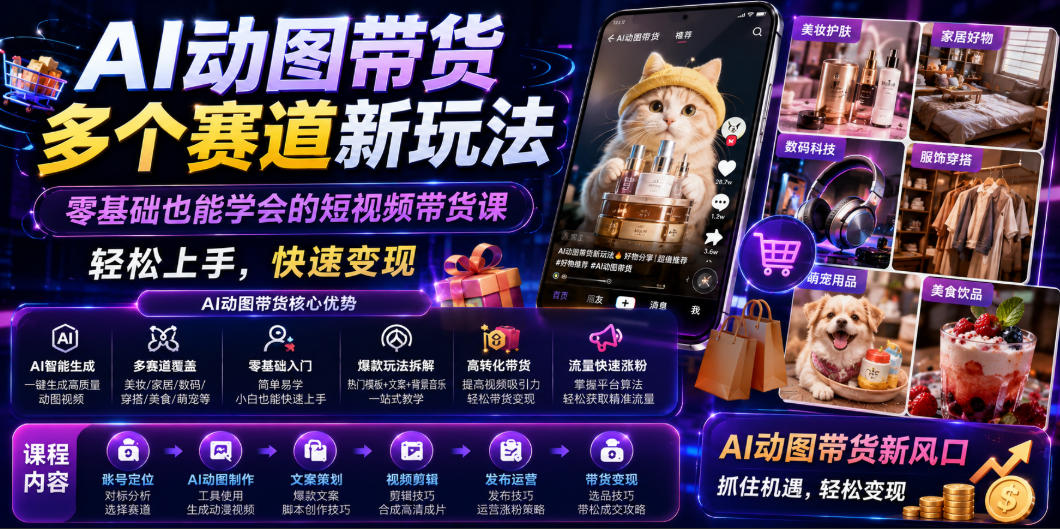 AI动图带货多个赛道新玩法，零基础也能学会的短视频带货课，轻松上手，快速变现-副业资源站