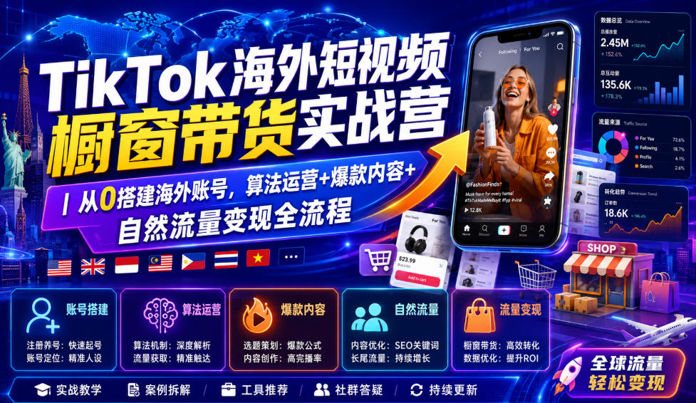 TikTok海外短视频橱窗带货实战营｜从0搭建海外账号，算法运营+爆款内容+自然流量变现全流程-副业资源站