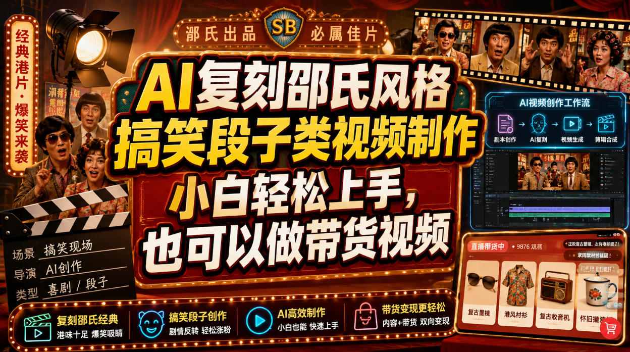 AI复刻邵氏风格搞笑段子类视频制作，小白轻松上手，也可以做带货视频-副业资源站