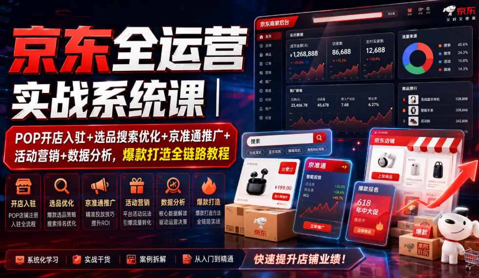 京东全运营实战系统课｜POP开店入驻+选品搜索优化+京准通推广+活动营销+数据分析，爆款打造全链路教程-副业资源站