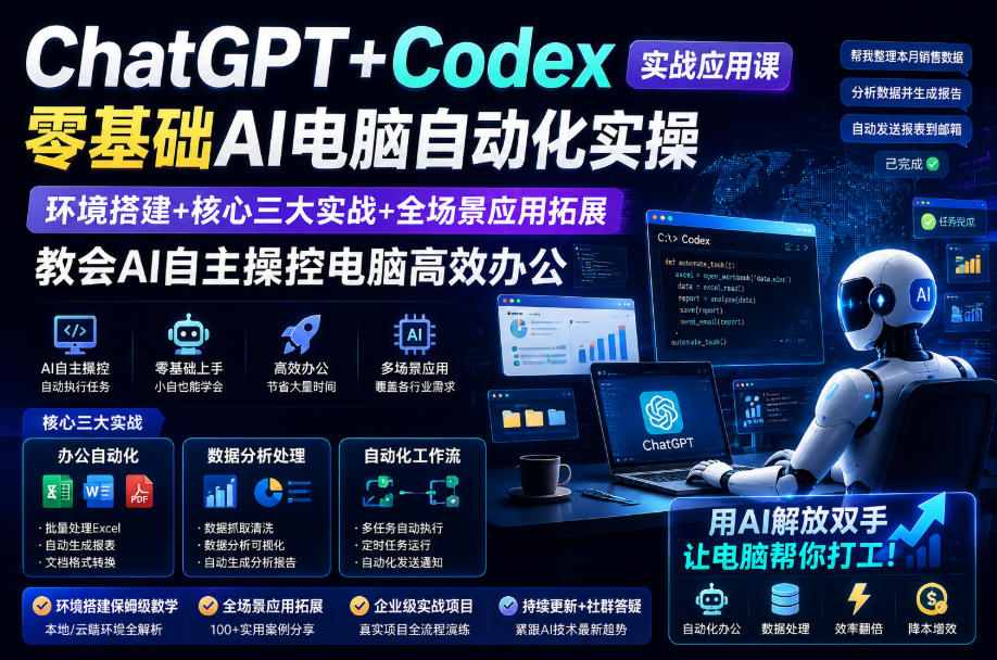 ChatGPT+Codex实战应用课｜零基础AI电脑自动化实操，环境搭建+核心三大实战+全场景应用拓展，教会AI自主操控电脑高效办公-副业资源站