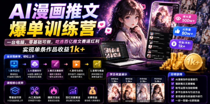 AI漫画推文爆单训练营，一台电脑，零基础可做，吃透百亿推文赛道红利，实现单条作品收益1k+-副业资源站