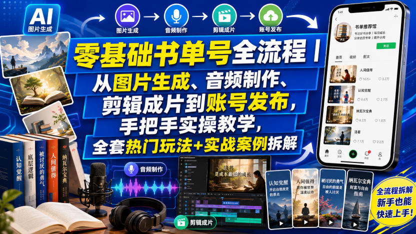 零基础书单号全流程｜从图片生成、音频制作、剪辑成片到账号发布，手把手实操教学，全套热门玩法+实战案例拆解-副业资源站