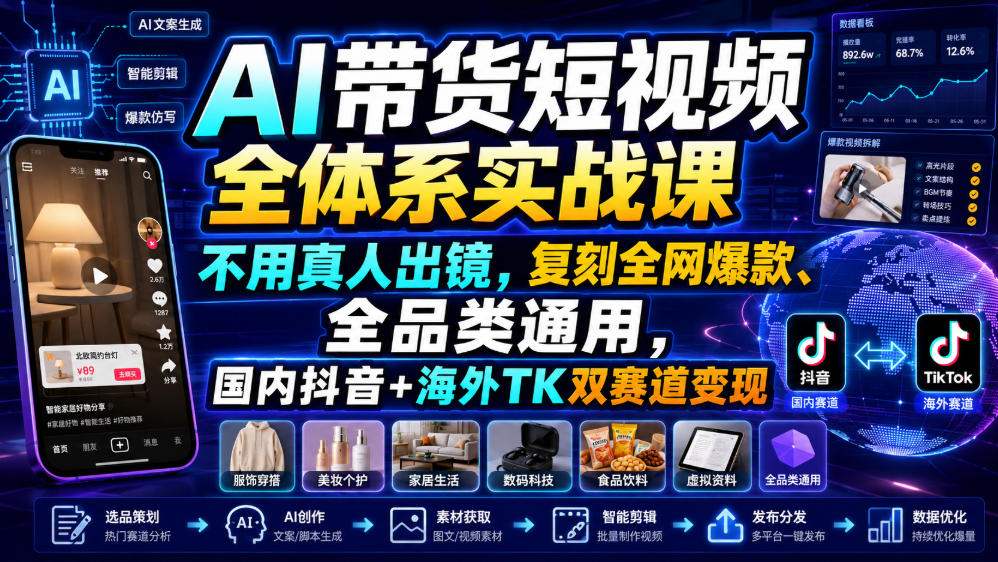 AI带货短视频全体系实战课，不用真人出镜，复刻全网爆款、全品类通用，国内抖音+海外TK双赛道变现-副业资源站
