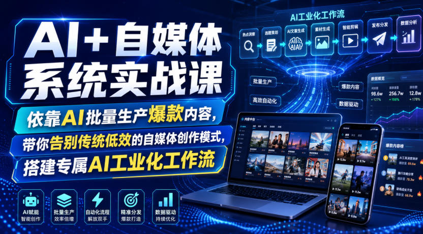 AI+自媒体系统实战课，依靠AI批量生产爆款内容，带你告别传统低效的自媒体创作模式，搭建专属AI工业化工作流-副业资源站