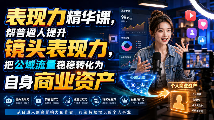 表现力精华课，帮普通人提升镜头表现力，把公域流量稳稳转化为自身商业资产-副业资源站