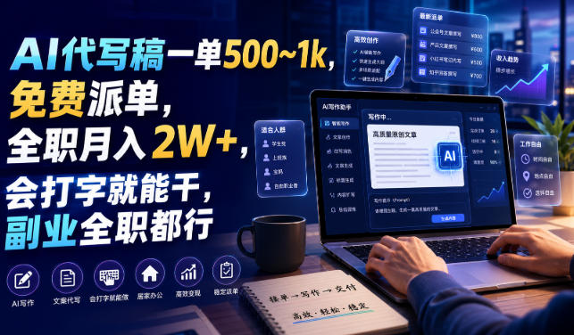 AI代写稿一单500~1k，免费派单，全职月入2W+，会打字就能干，副业全职都行【揭秘】-副业资源站
